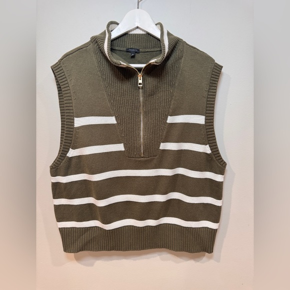 Talbots Olive Striped Sweater Vest XL Zip Mock Neck Knit Preppy Layering Top - Picture 2 of 5